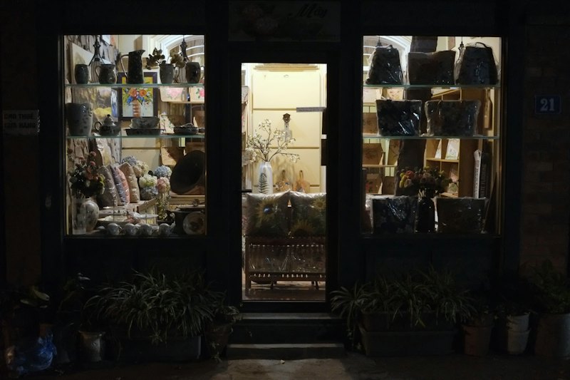 Lit shop window at night